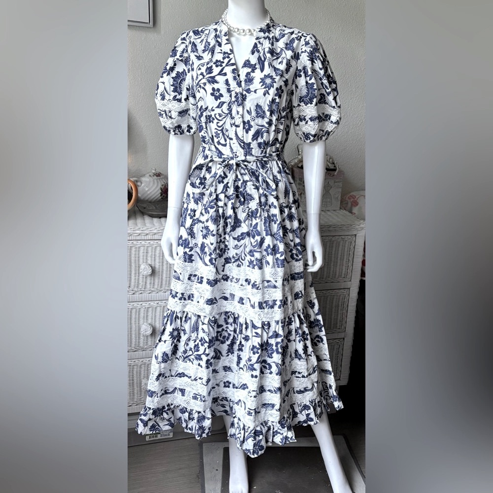 Pinch Midi Dress Lacey Cotton Tiered Floral Removable Belt Blue & White Size M - Picture 2 of 11